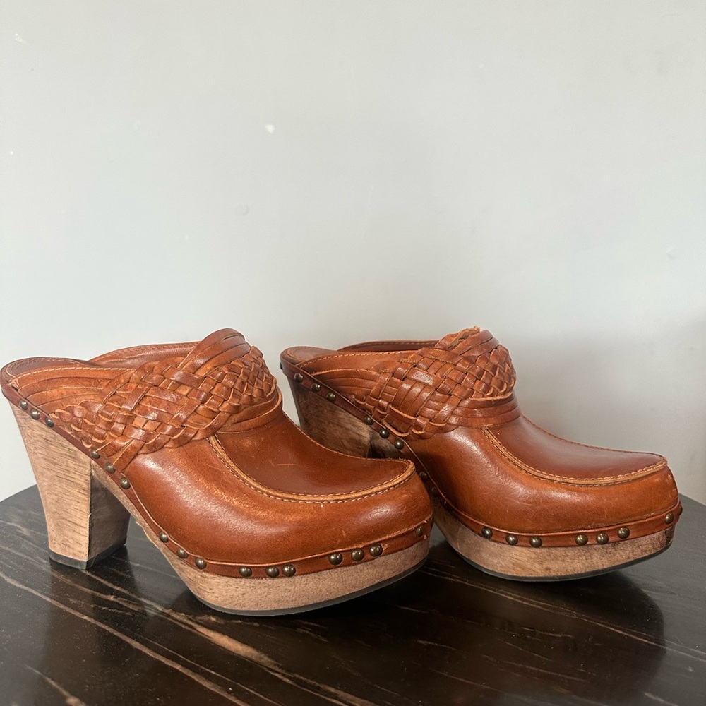 Frye Brown Leather Mules with Perforated Design